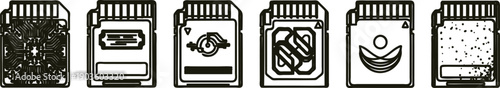 Collection of six different sd card icons with various designs on white background for tech and data storage concepts