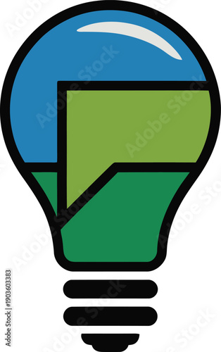 Colorful green blue light bulb icon with black outline and base isolated on transparent background
