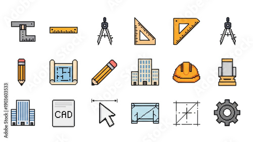Collection of technical drawing and engineering icons representing architectural design and drafting tools