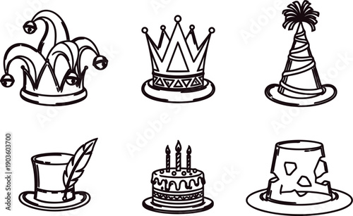 Hand drawn party hat crown cake and top hat illustrations in black and white for festive occasions and celebrations