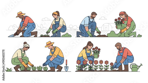 Gardener tending to plants and flowers in a lush garden from various viewpoints.