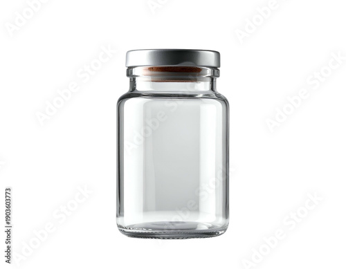 Clear glass vial with silver crimped top and rubber stopper