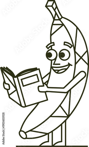 Stylized cartoon banana character reading a book standing on a line with geometric shapes and a smiling face