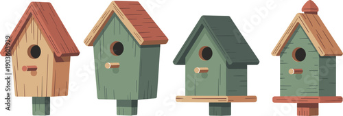 Birdhouse illustration set, wooden bird houses collection, garden nesting boxes, rustic designs, colorful bird homes, isolated on white background