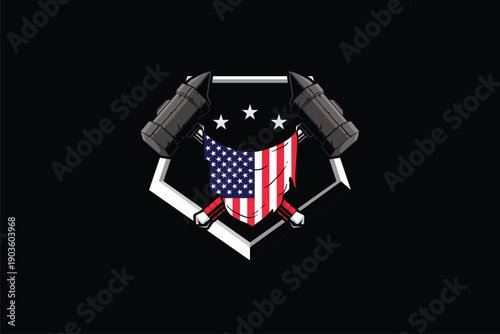 Rough cross post-apocalyptic mallet style with American flag shield badge vector image template