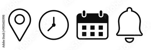 Set of four black icons representing notification Location, time, calendar and notification bell vector illustration
