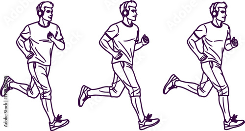 Three illustrations of a man wearing headphones running in a dynamic motion sequence with a simple artistic style