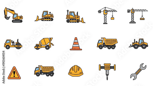 Construction site with machinery and safety equipment icons arranged neatly on a plain white background