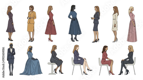 Diverse women in various dresses and poses standing and sitting in different stances on a plain background from multiple viewpoints