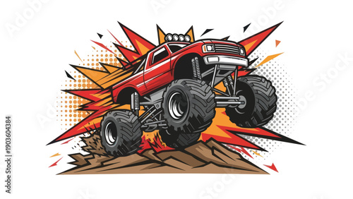 Monster truck illustration in bold red with explosion effect and vector style