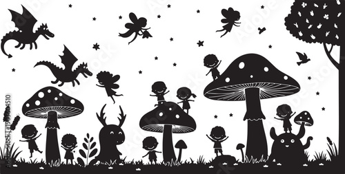 Whimsical black and white fantasy forest scene with fairy tale characters and magical mushrooms