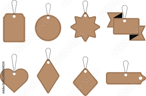 Blank kraft paper tags set, various shapes labels collection, brown cardboard gift tags with strings, vector illustration, white background