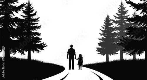Happy Family Hiking Together and Children Playing Outdoors with Soccer Ball, Jump Rope, and Kite in Suburban Park Landscape Silhouette (20 words)