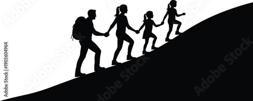 Happy Family Hiking Uphill Together and Children Playing Outdoors with Soccer Ball, Jump Rope, and Kite in Suburban Neighborhood Park (20 words)