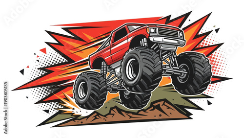 Monster truck jumping with bursting star graphic illustration isolated