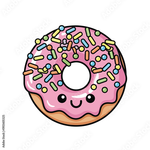 Cute pink frosted donut with colorful sprinkles, a joyful sweet treat illustration for celebrations and food art