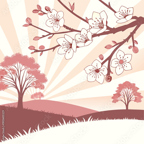 A serene landscape with blooming cherry blossom trees under a warm sunrise