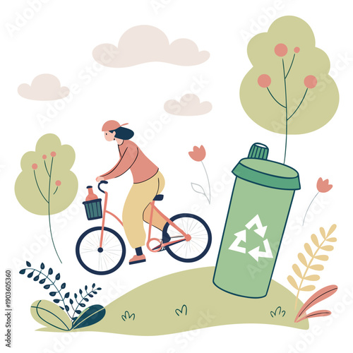 A person in a red shirt and blue pants rides a bicycle on a path