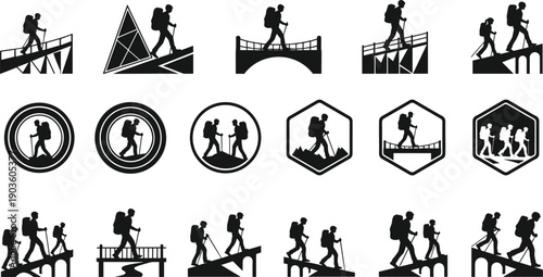 Set of black silhouette hiking icons featuring backpackers trekking on bridges, mountains, and trails for outdoor adventure and travel design flavector