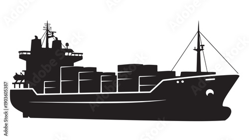 Cargo Ship Sailing on Ocean with Containers Silhouette Isolated on White