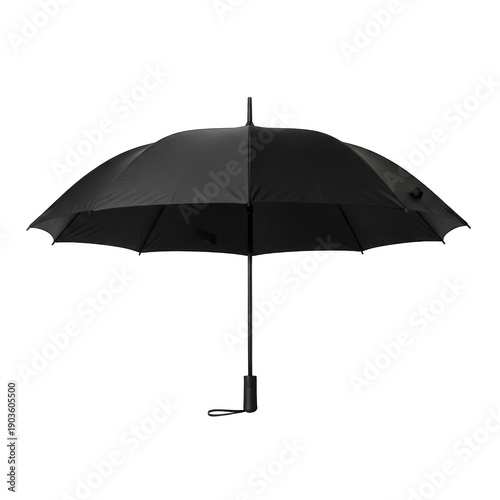 A black umbrella with a long handle and a pointed tip on a white background.