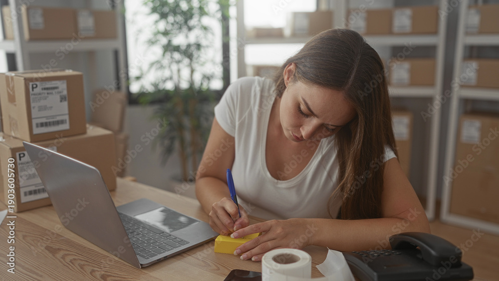Fototapeta premium Woman writing on sticky note with pen at desk in office with stacked parcels and laptop visible; small business focus.