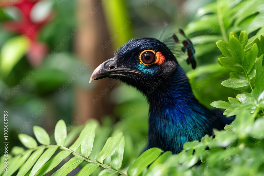 Fototapeta premium Exotic Wild Bird with Eye-Catching Feathers in Lush Jungle Environment