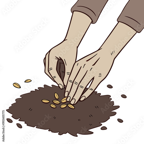 A person planting seeds in a pot of soil with their hands.