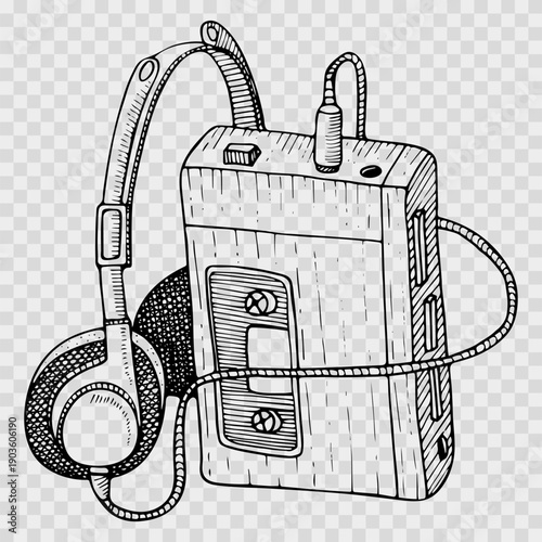 Hand-drawn image of a cassette player with headphones. Vector illustration. Doodle style.

