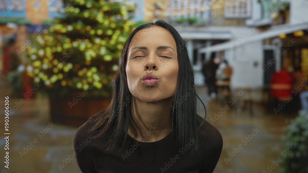 Obraz premium Woman smiling joyfully in a festive outdoor street setting with christmas lights highlighting the background.