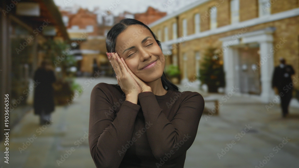 Fototapeta premium Young hispanic woman smiling peacefully with closed eyes on a quiet outdoor street with background buildings and trees, embodying serenity and relaxation.