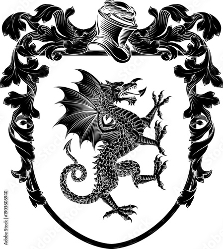 A Welsh dragon, symbol of Wales, coat of arms or crest family heraldry medieval heraldic animal knight shield with helmet and acanthus filigree scroll ornament in a vintage woodcut style.