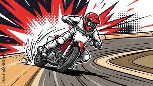 Motorcycle racer leaning into turn illustration with dynamic background