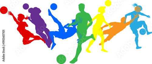 Soccer football player male and female colorful silhouette outlines men and women group
