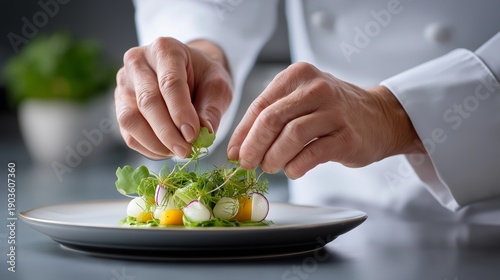 Close-up of professional chef hands garnishing fine dining plate, elegant composition, bright tones, neutral background
