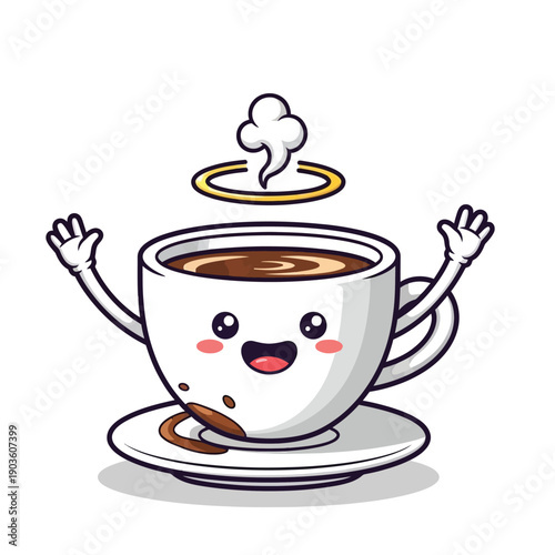 Cheerful animated coffee mug design featuring a cute face, expressive hands, and a halo of steam, symbolizing happiness and the comforting warmth of a favorite beverage
