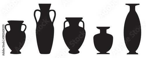 Ancient Greek and Roman Vase Silhouette Set – Classical Amphora Pottery Black Icons Collection Isolated on 
White Background
