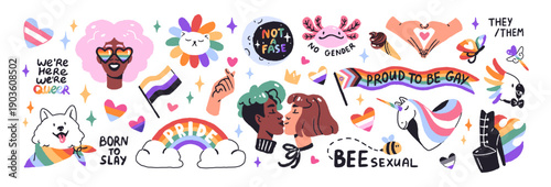 Pride Month set. Kissing lesbians, rainbow flags, homosexual people, unicorn and sparkles. LGBT community. Diversity, solidarity and queer love concept. Flat isolated vector illustrations on white.
