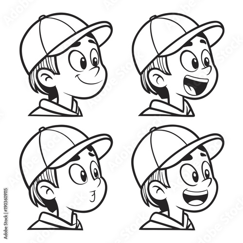 Five cartoon characters with different facial expressions wearing caps