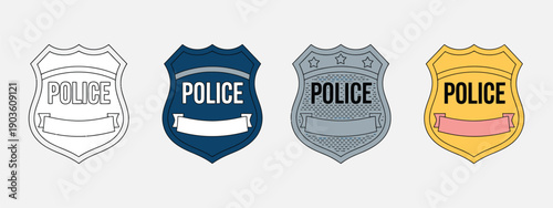 Police Badge Icons in Vector, Four Styles: Outline, Silhouette, Silver, and Gold, Law Enforcement and Security Graphics for Digital Design, Branding, and Safety Projects.