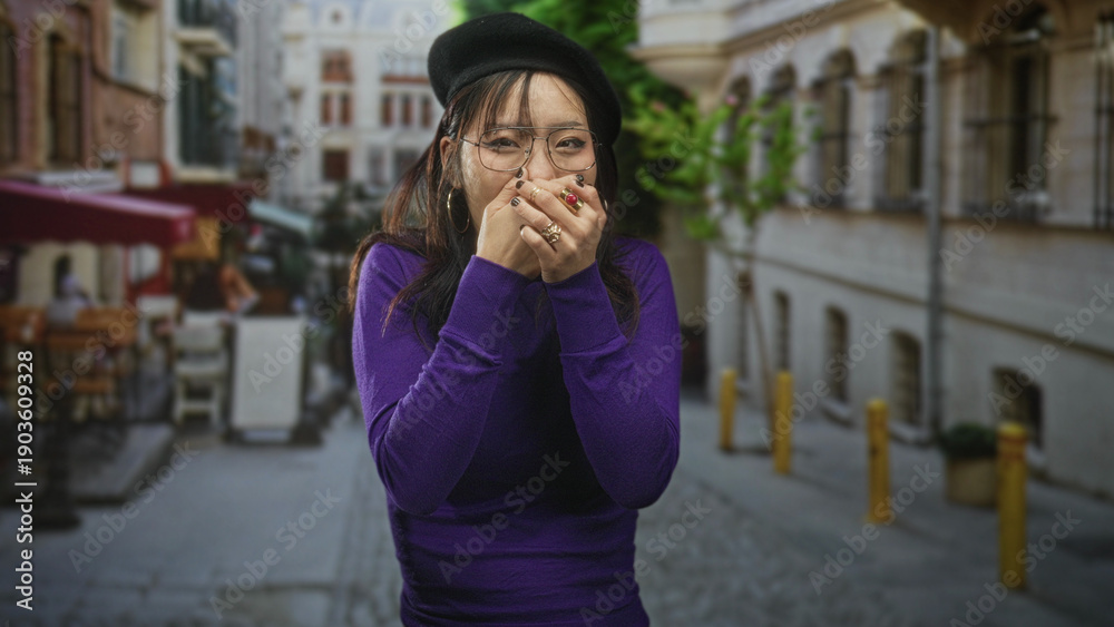Fototapeta premium Young chinese woman covers mouth with hands on a cobblestone street near a cafe; surprise embarrassment.