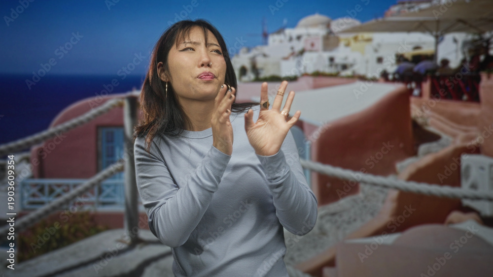 Fototapeta premium Young chinese woman wearing grey top and hoop earrings raises hands shielding face and turning away at building terrace by sea; surprise.