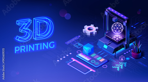 3D printer. Additive print technology. Prototyping material maker and education product. Creative filament modeling. Abstract equipment. Modern production. Vector design background