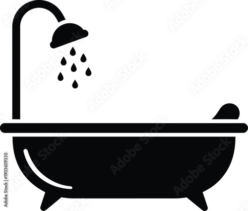 Black and white illustration of a bathtub with shower