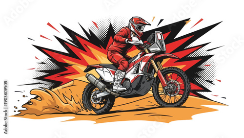 Motorcyclist riding across desert landscape illustration vector design