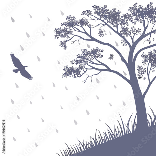 A solitary bird soaring over a tranquil landscape with snow-covered trees