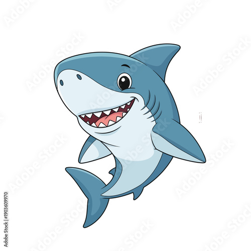 Friendly cartoon shark with a big smile and sharp teeth, ready for adventure in the ocean depths
