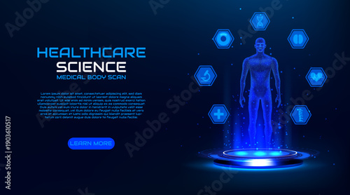 Human hologram. 3D medical body scan. Anatomy AI screen or HUD portal. Biotechnology diagnostic analysis. Data tech display. Healthcare science. Glowing male figure. Vector background