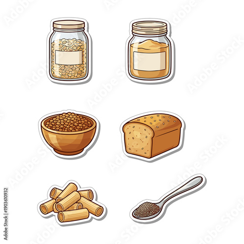 Cartoon sticker illustration set of staple carbohydrates and grains including bread, oats, flour, lentils, pasta, and seeds.