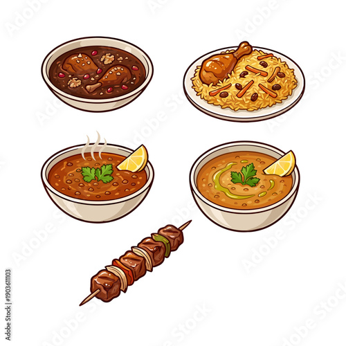 A detailed cartoon illustration of popular Persian and Iranian food dishes including Kebab, Fesenjān stew, chicken pilaf rice, and lentil soup.